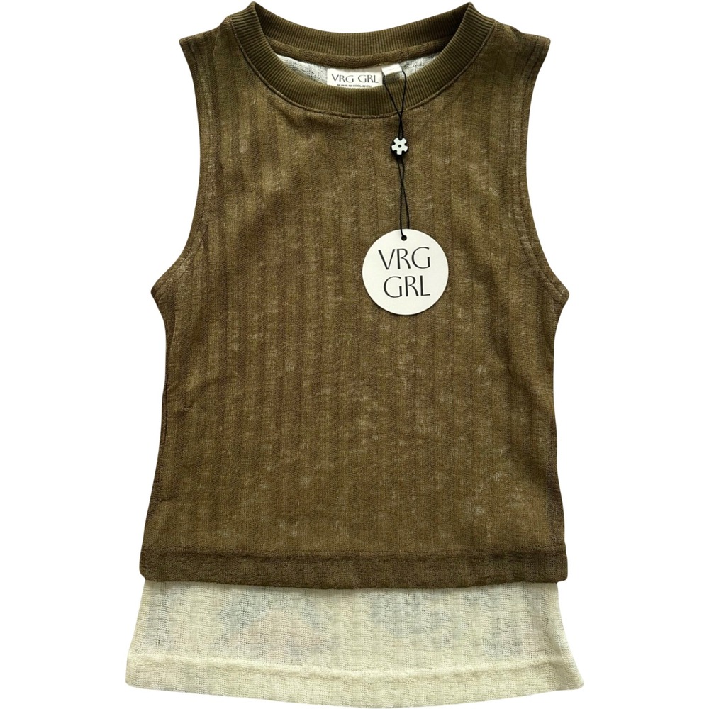 VRG GRL Olive Green Ribbed Layered Sleeveless Knit Tank Top Size 8 NEW